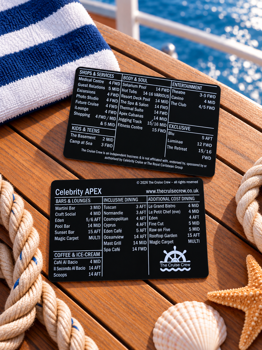 Cruise Crew index card for Celebrity Apex, front and back, on a teak deck