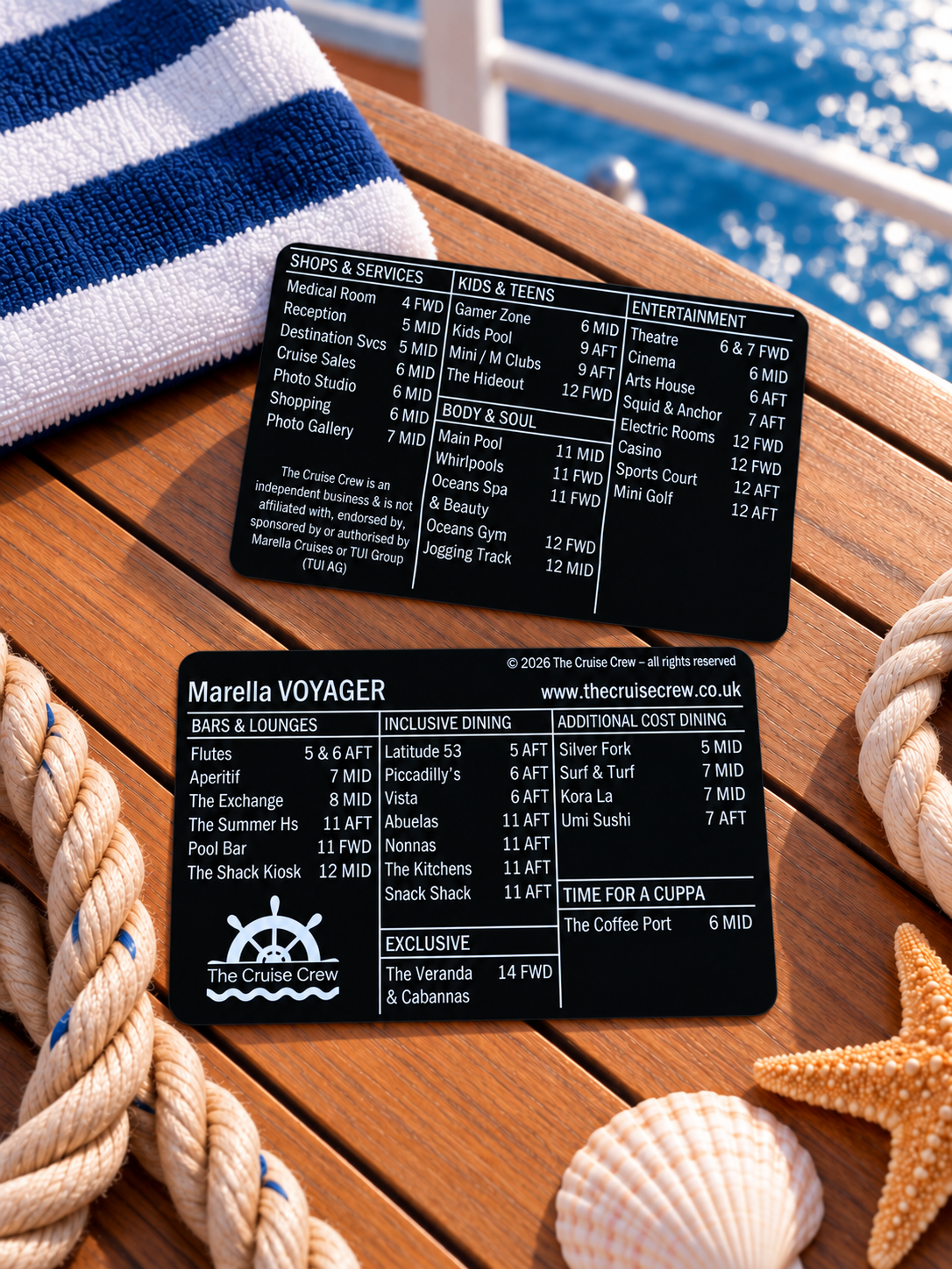 Cruise Crew index card for Marella Voyager, front and back, on a teak deck