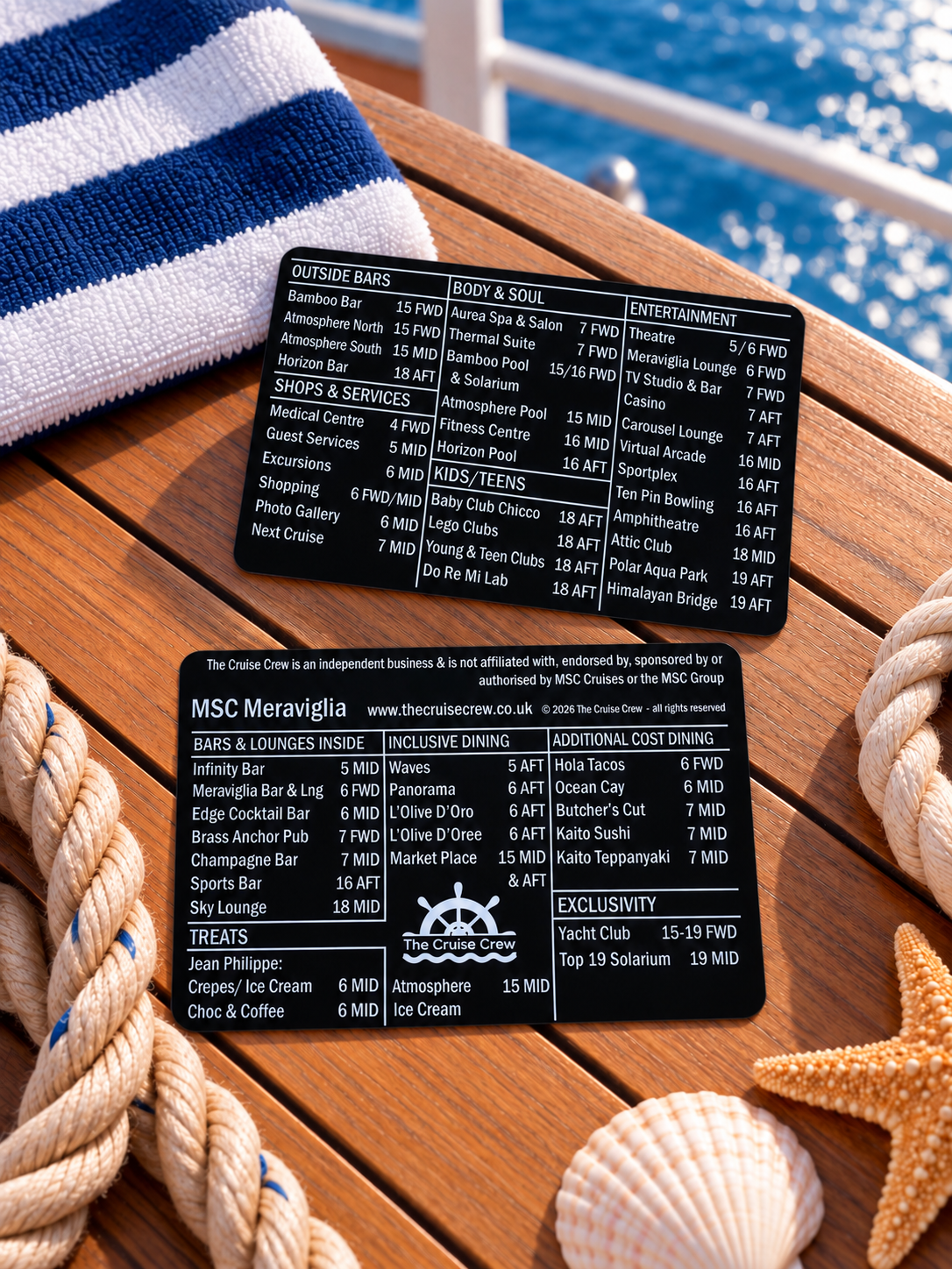 Cruise Crew index card for MSC Meraviglia, front and back, on a teak deck