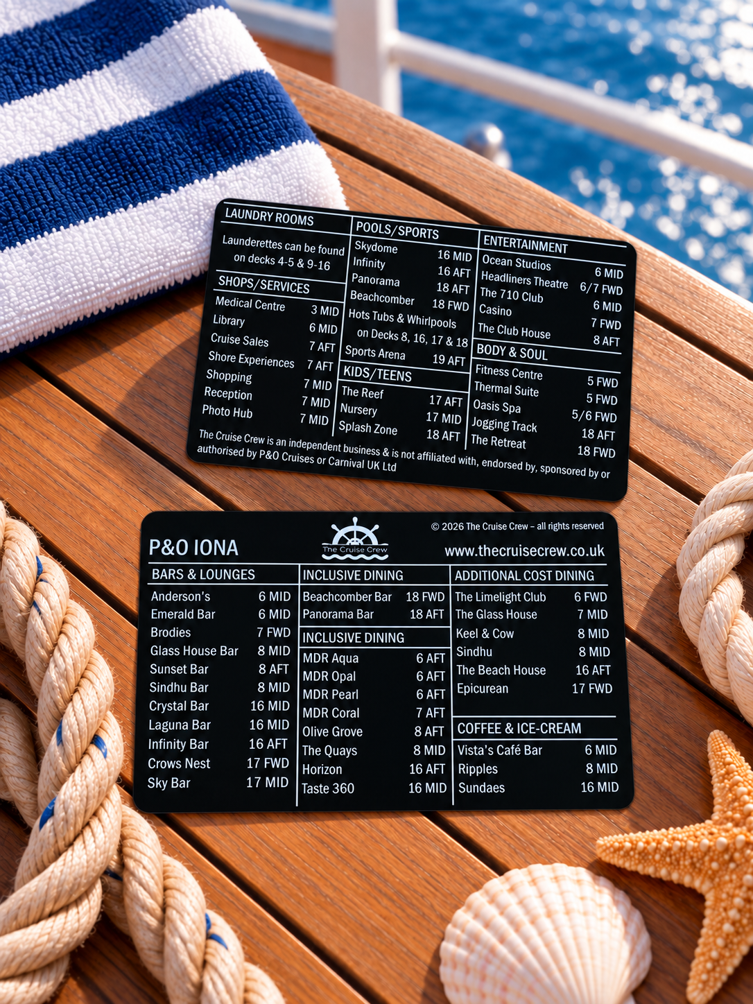Cruise Crew index card for P&O Iona, front and back, on a teak deck