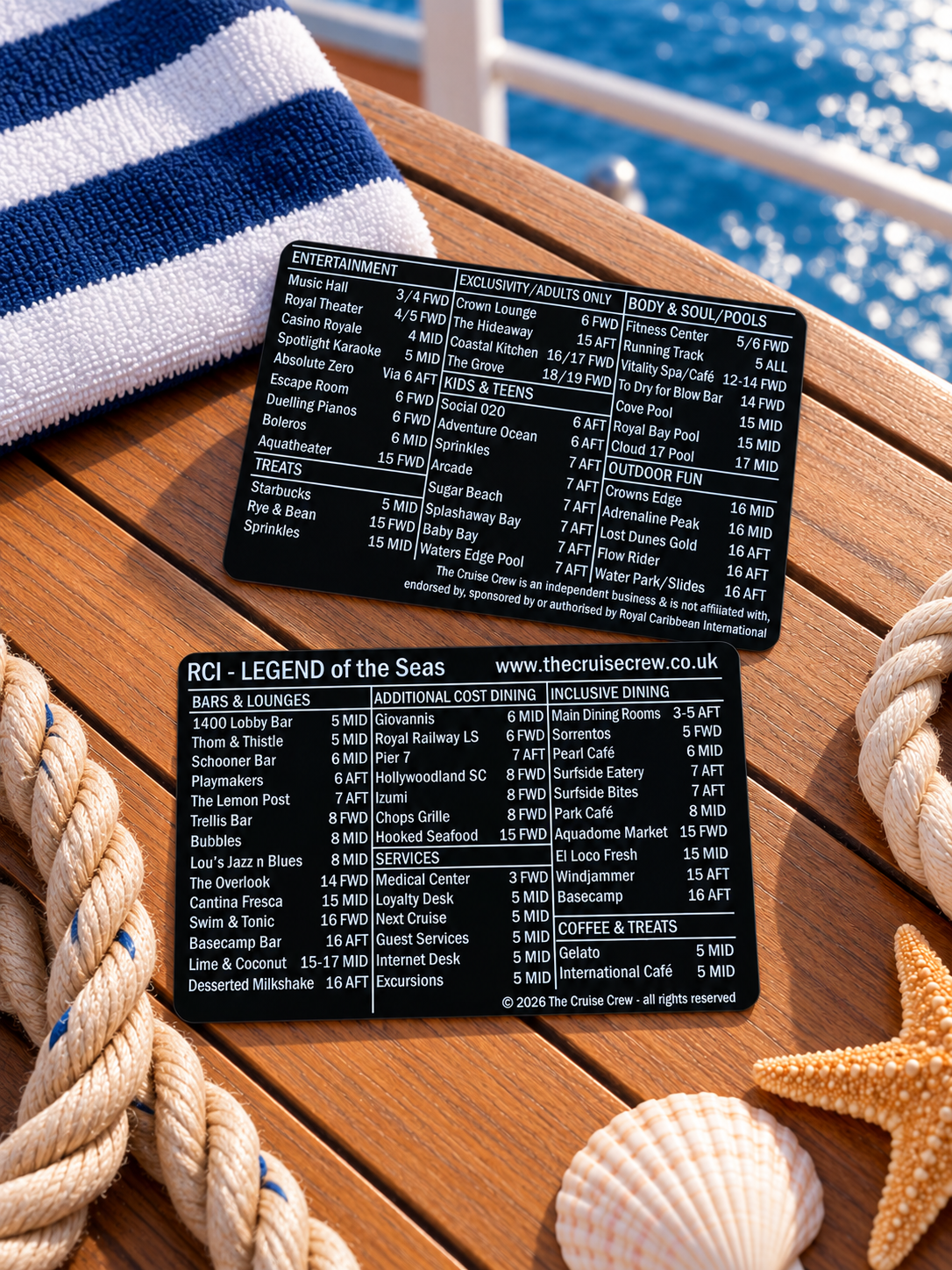 Cruise Crew index card for Royal Caribbean Legend of the Seas, front and back, on a teak deck