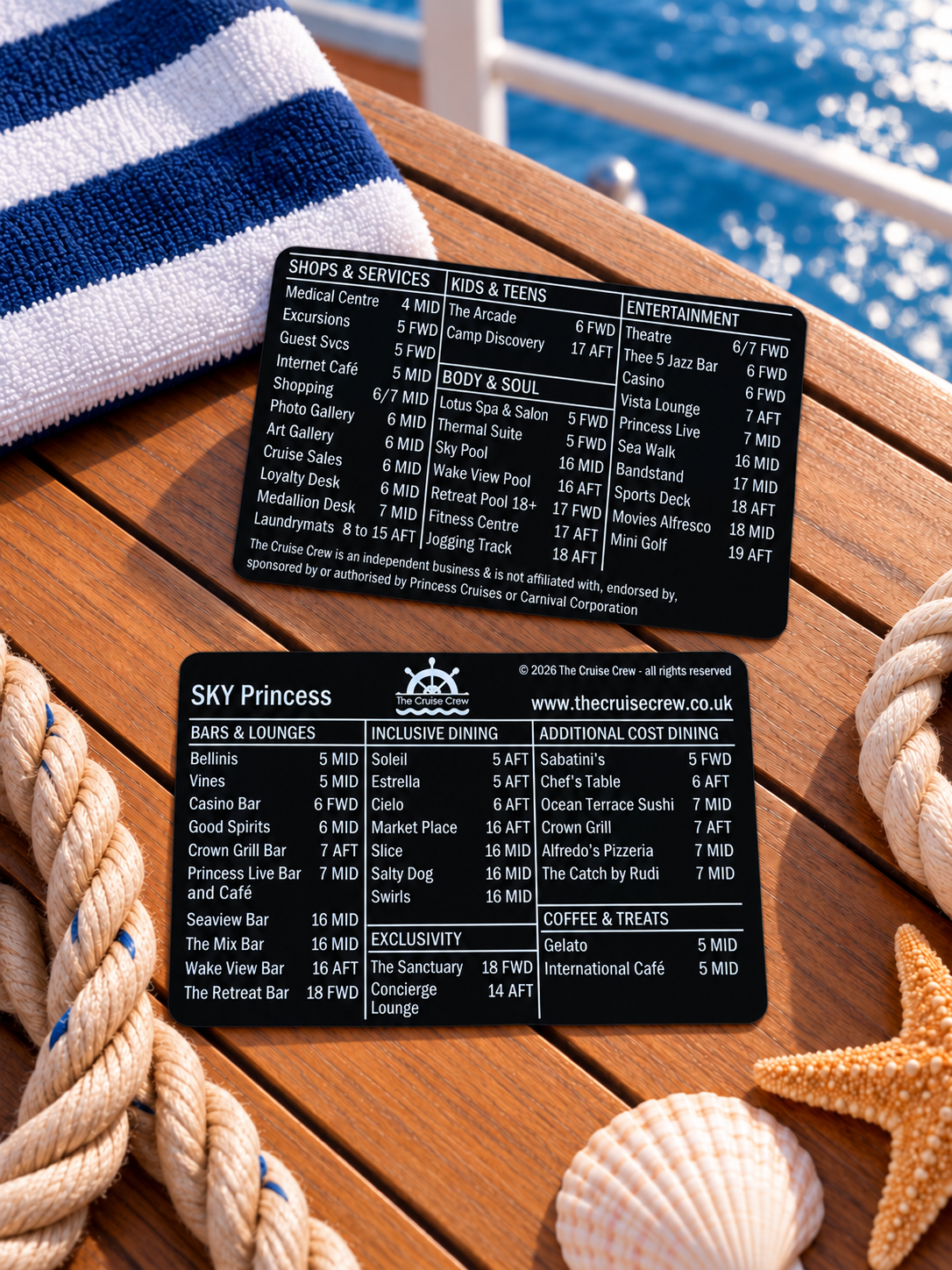 Cruise Crew index card for Sky Princess, front and back, on a teak deck