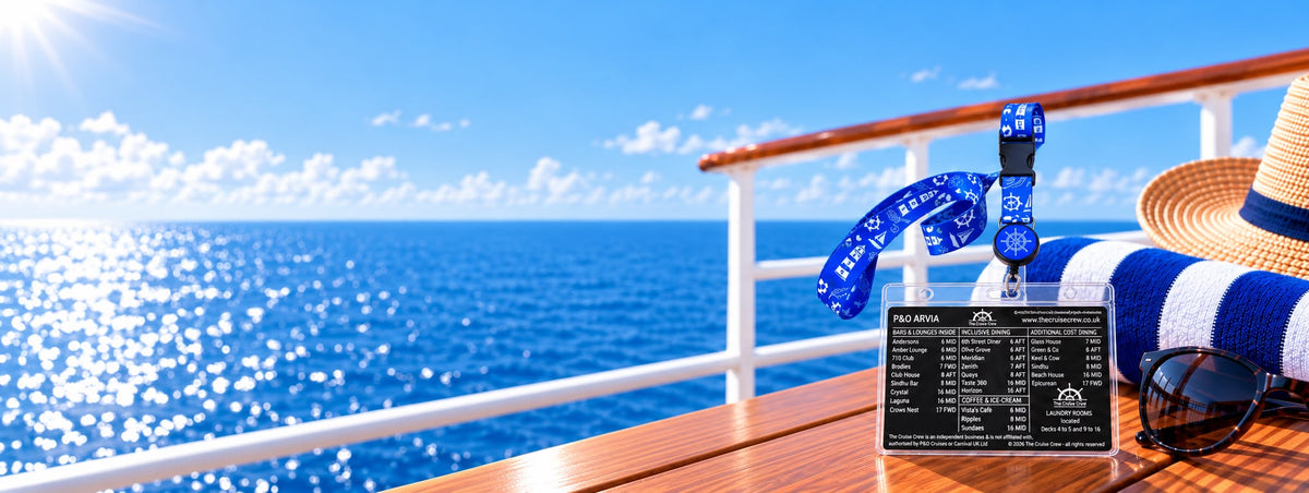 A Cruise Crew index card and lanyard on deck with a sun hat and sunglasses