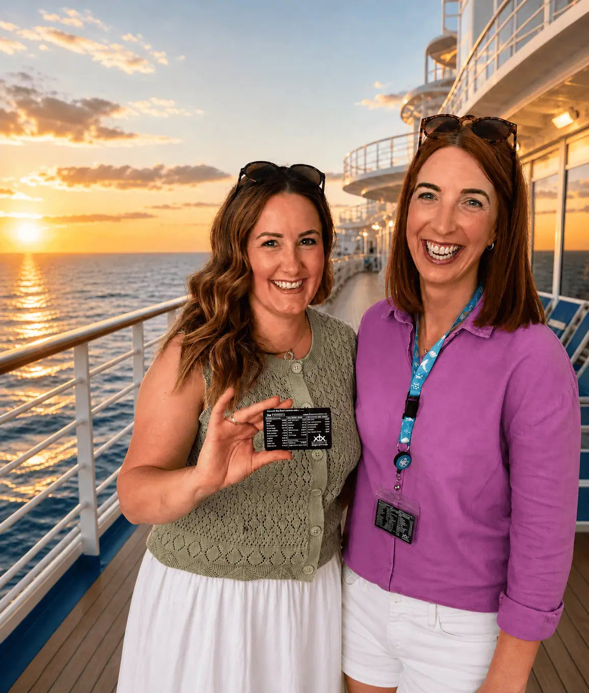 Two cruise passengers wearing The Cruise Crew index cards on lanyards